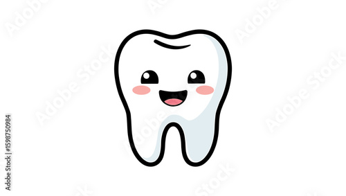 Illustration of a happy tooth with rosy cheeks and a cheerful expression on a plain setting
