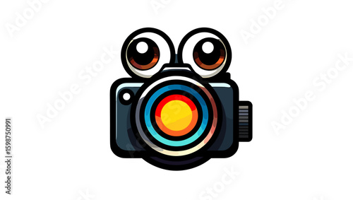Cartoonish camera with large eyes and a colorful lens is centered in the frame and isolated