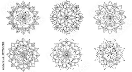 Six floral mandalas arranged in two rows showcasing intricate petal and leaf designs in line art style