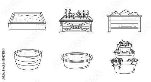 Outlined illustration showing a variety of different planters and plant containers in a row format