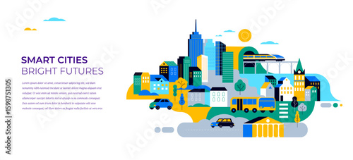 Smart City Concept Illustration. Modern Cityscape with People, Transportation, and Skyscrapers.