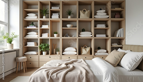 Cozy Modern Minimalist Bedroom with Wooden Shelves and White Bedding
