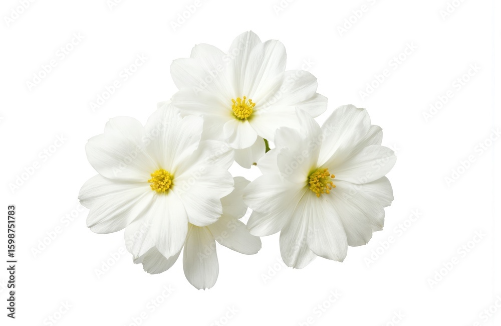 Fototapeta premium Three white Stephanotis flowers with delicate yellow centers float against clean white background. Minimalist composition highlights petal texture, pure floral beauty. Ideal for wedding decor, beauty