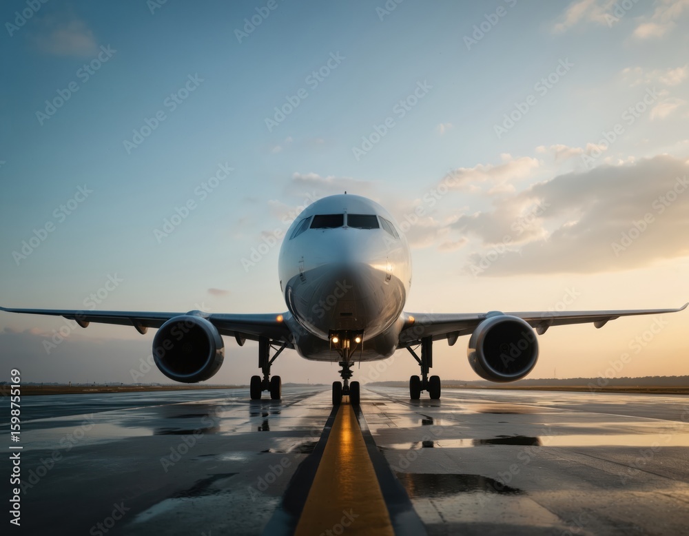 Naklejka premium Commercial airliner on wet runway, blue sky with clouds. Airplane ready for takeoff. Aircraft engine, fuselage, wings visible. Transportation, logistics, aviation industry.