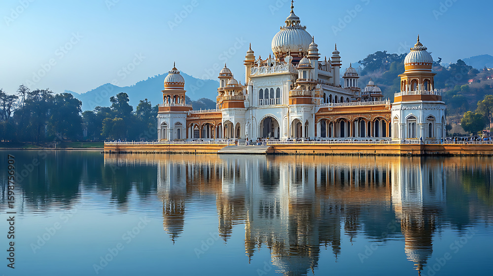 Fototapeta premium Majestic Mughal-Style Palace Reflecting on Serene Lake in Pakistan