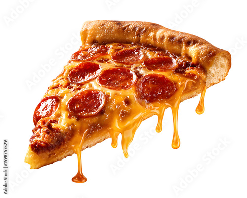 Slice of salami and cheese pizza isolated on white background
