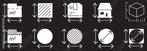 Height and width vector icon set black filled and outlined style.