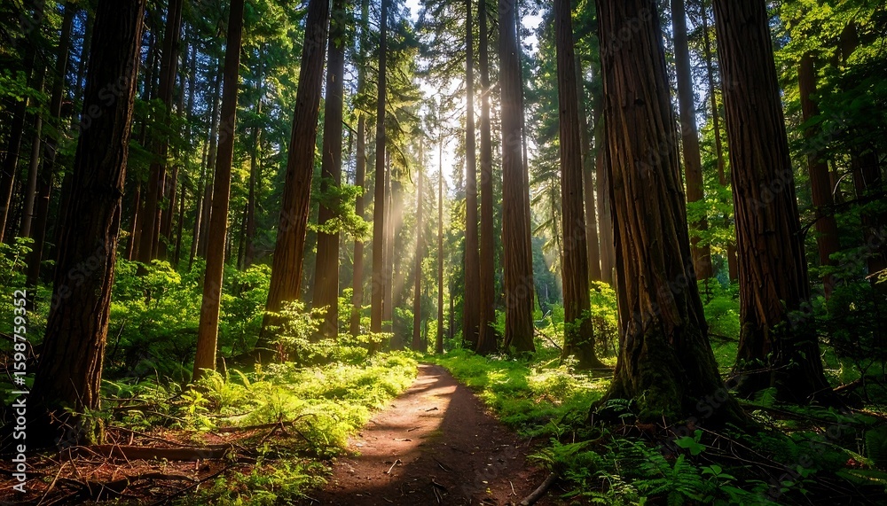 Naklejka premium Sunlight streams through a dense forest (1)