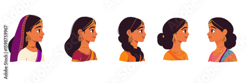 Vector set of Indian woman avatars in traditional sari dresses with diverse jewelry and hairstyles, flat minimalist cartoon portrait icons for cultural representation and design