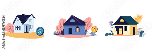Set of three minimalist houses with dollar coins symbolizing mortgage payments financial strain housing crisis real estate concept vector illustration