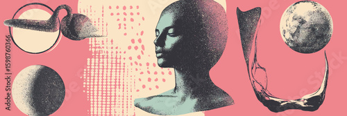 Surreal retro minimalist vector collage with human bust, planets, abstract shapes, halftone stipple dots, futuristic grunge poster art background design