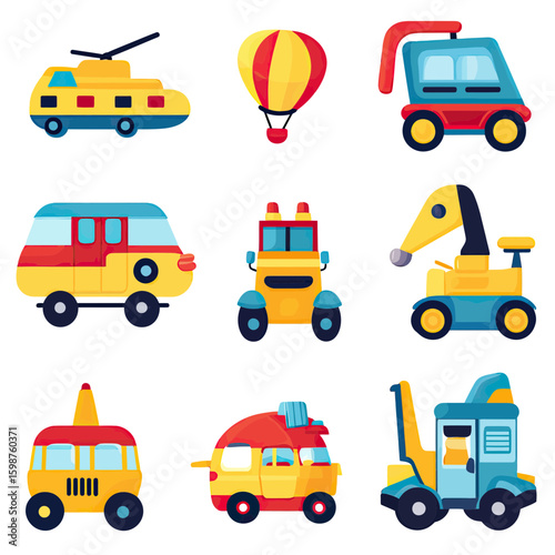 Set of colorful cartoon kid style toy vehicles including submarine, hot air balloon, bus, police car, excavator, ambulance, camper van, and forklift in flat minimalist vector design