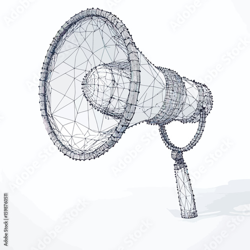 3D wireframe megaphone low poly mesh illustration with polygonal structure and network lines on white background for marketing concept