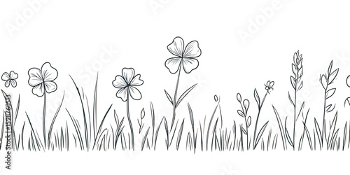 Hand drawn grass field with clover flowers and wild plants sketch doodle style minimal vector illustration seamless border line art design on white background