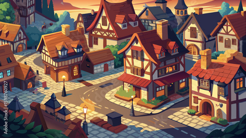 Isometric old European street with half-timbered houses, cobbled roads, and vintage streetlights, creating a romantic medieval village vibe