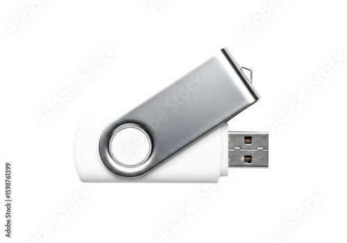 White and silver USB flash drive with swivel cover. Memory stick Isolated on transparent background, png