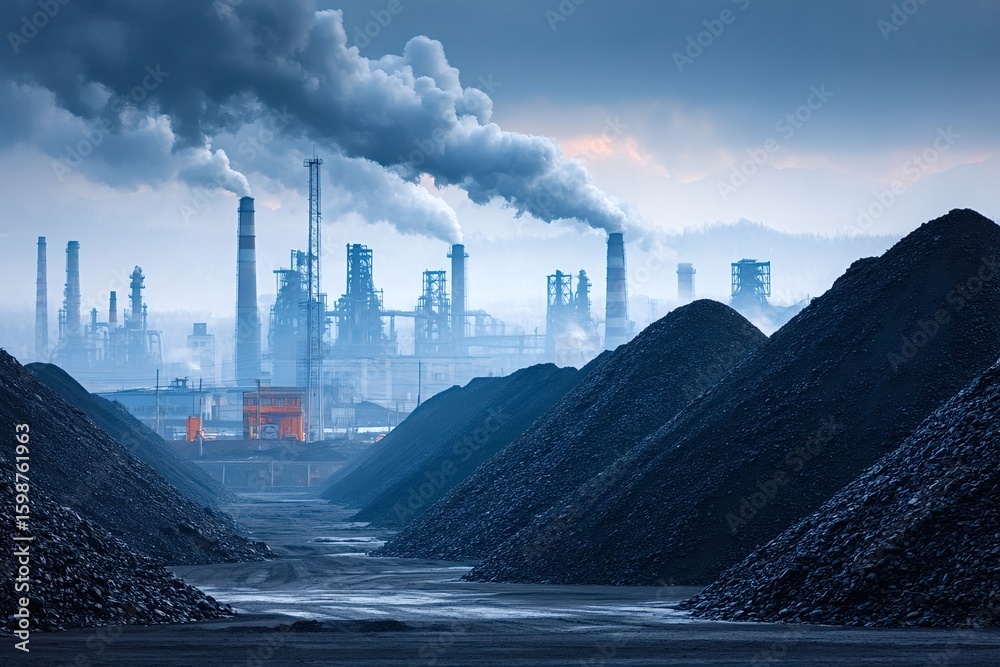 Fototapeta premium Large mounds of coal sit in front of an industrial power plant emitting large plumes of smoke into the atmosphere, creating air pollution and environmental damage