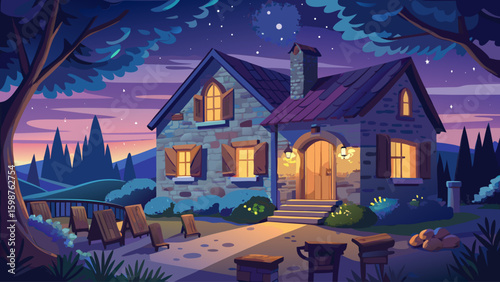 Night scene of an old French farmhouse under a starry sky, with stone walls, shutters closed, and soft lights glowing through window cracks