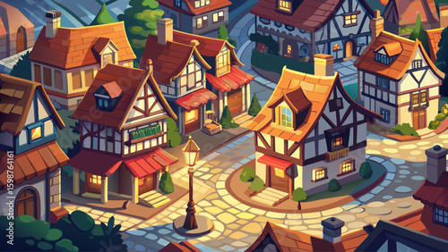 Isometric old European street with half-timbered houses, cobbled roads, and vintage streetlights, creating a romantic medieval village vibe