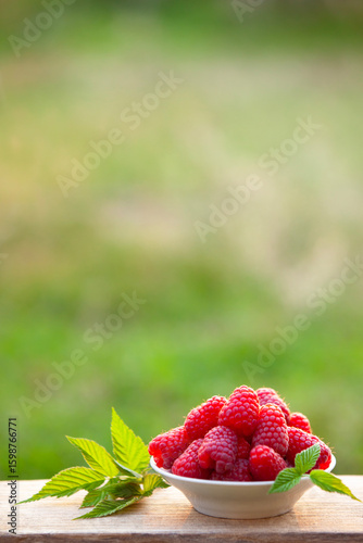 Bowl of raspberries and a few leaves against a green background, sweet summer fruit. Close-up, natural light, copy space.