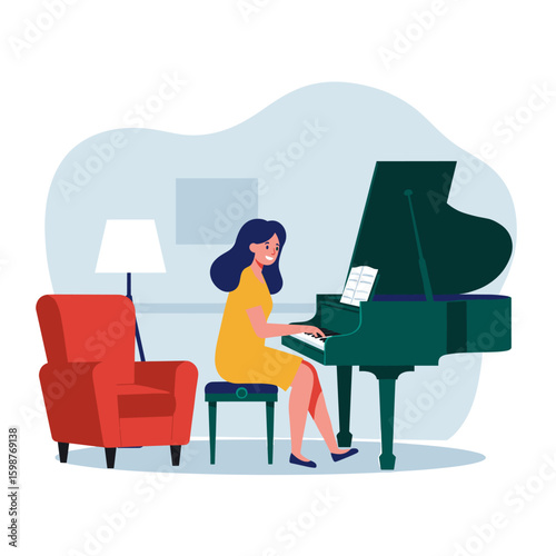 Young Woman in Yellow Dress Playing a Dark Green Grand Piano