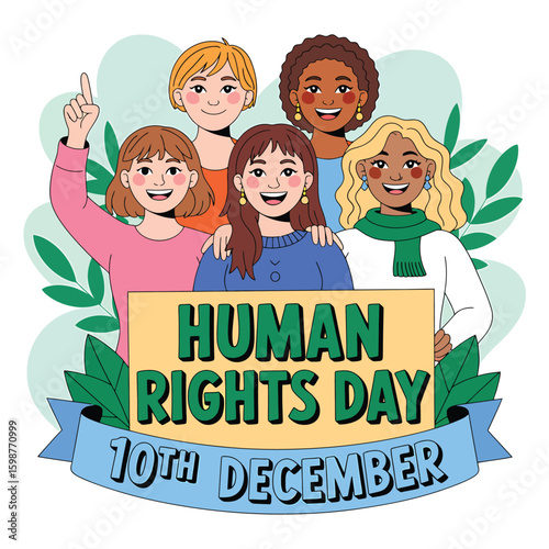 Diverse group of women celebrating human rights and equality, holding a banner for Human Rights Day on December 10th, symbolizing unity and empowerment.