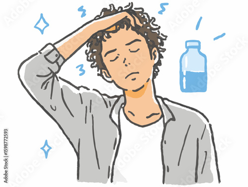 Young man with curly hair feeling refreshed and relaxed while reaching for a water bottle against a simple white background, wellness concept of fitness or health