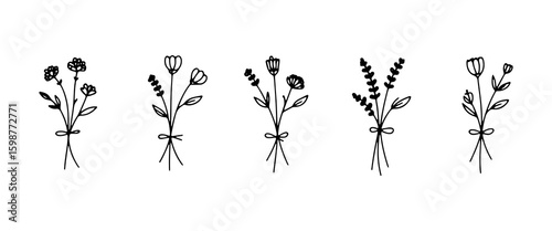 Minimalist flower sets with structured stems and compact blooms. Ideal for logos, packaging, and botanical layouts.