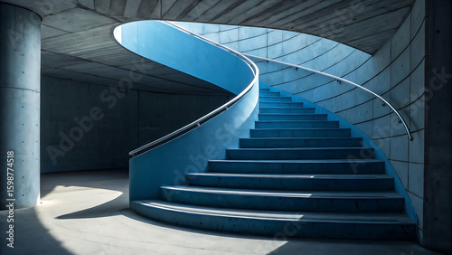Modern blue spiral staircase with concrete architecture and natural light