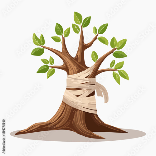 Bandaged tree with fresh leaves, metaphor for healing from emotional wounds and regaining strength.