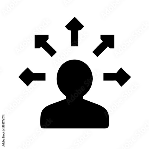 Person with multiple directions arrows, decision making, strategy and choices concept icon vector