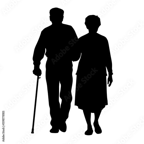 Elderly couple walking icon with cane silhouette
