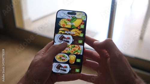 Male hands holding phone with food delivery app on screen against background of room in house