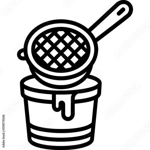 Honey strainer over honey bucket outline icon vector