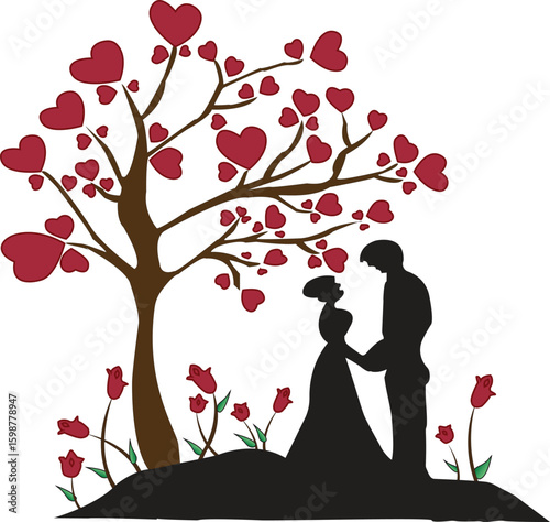 Romantic couple under heart tree with love flowers illustration for valentine and wedding concept