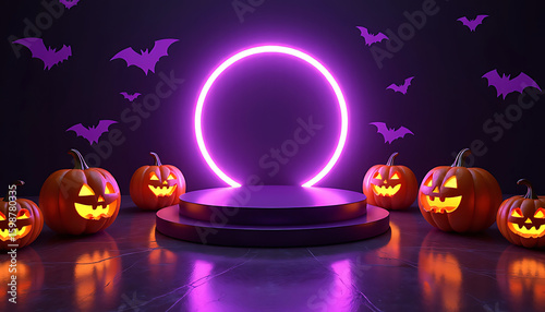 Spooky halloween pumpkins illuminated by a vibrant purple neon circle and bats