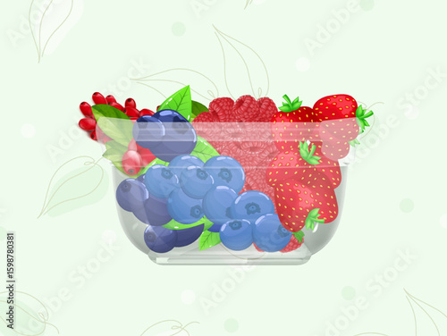 Glass tray with assorted berries, raspberries strawberries blueberries