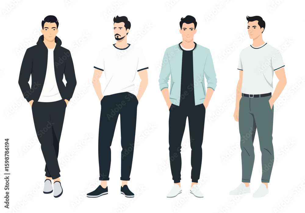 Obraz premium Men s Style and Fashion Trends. A collection of illustrated men wearing stylish outfits in various tones and styles, reflecting modern fashion trends.