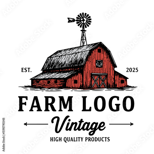 This image showcases a vintage-style farm logo. The logo features a red barn, a silo, and a windmill, set against a white background. 
