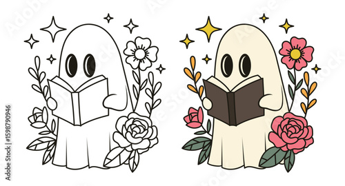 Ghost Halloween Read Book Flowers Retro