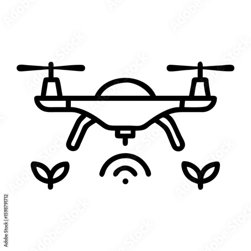 Agricultural drone hovers above crops in a field. This agricultural drone utilizes precision farming, showing modern technology at work.