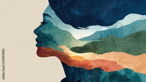 World Mental Health Day poster. stylized human profile filled with abstract layered landscapes - ocean waves, mountains, starlit sky, flowing lines and brush textures