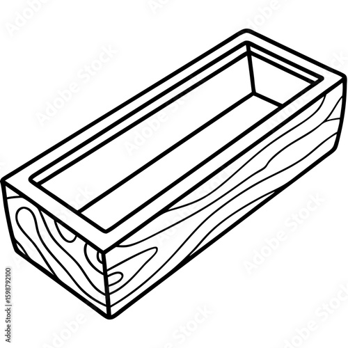 Wood feeding-trough illustration with empty interior, simple black outlines, and a clear rectangular shape. Feeding-trough is designed for animal feeding.