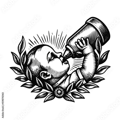Feeding with bottle illustrated with an infant drinking from glass bottle framed by foliage. Feeding with bottle art shows infant, in detailed engraving style, enjoying formula,