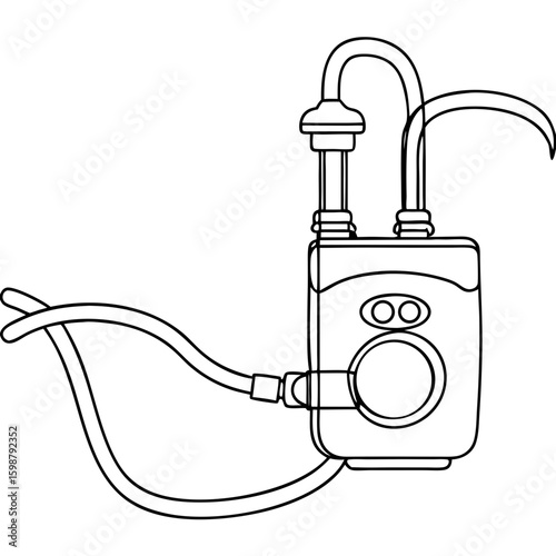 Outline drawing of irrigation machine with hoses and a control panel. Irrigation machine is essential for automated watering.