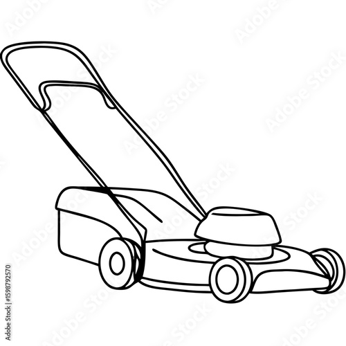 Outlined lawn-mower, equipment for cutting grass. Lawn-mower is necessary element of lawn care and gardening. Concept outlined lawn-mower for landscaping services and advertising.