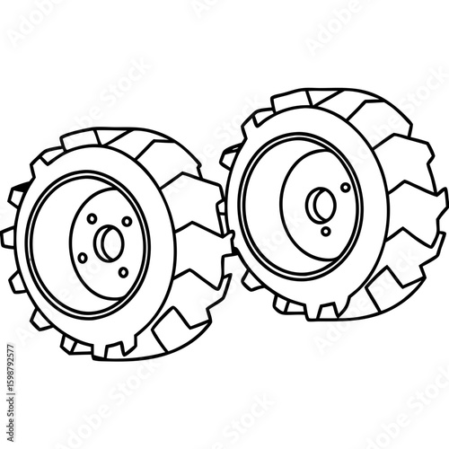 Large tractor wheels illustration showcasing heavy-duty vehicle components, offering robust construction for agricultural machinery.