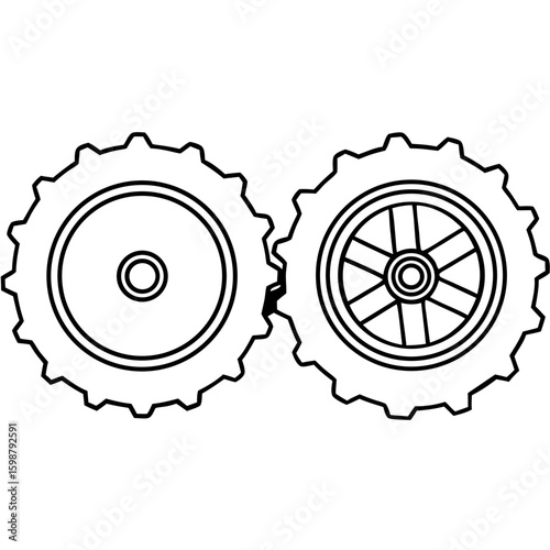 Large tractor wheels are displayed with detailed treads and intricate central hubs. These tractor wheels show robust engineering and mechanical design.