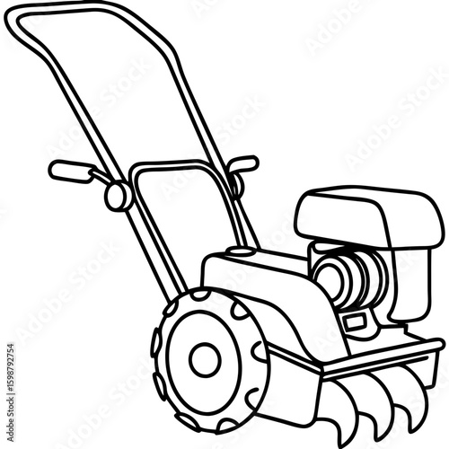 Isolated motor-tiller outline is a simple rendering of farming equipment for plowing soil. Depicted motor-tiller features sturdy construction for tough field conditions, preparing soil for planting.