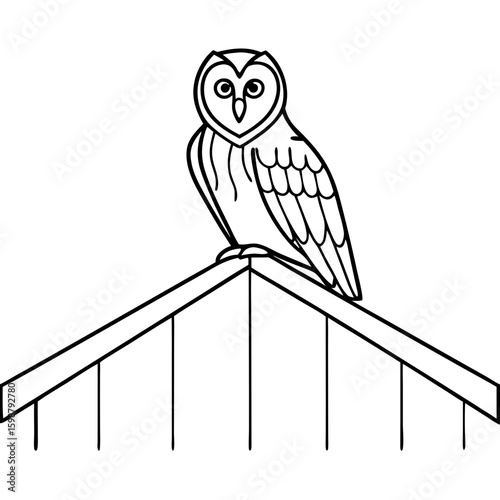 Owl on barn roof, a simple outline illustration featuring nocturnal bird on rural rooftop. Owl on barn roof provides rustic charm and wildlife appeal,